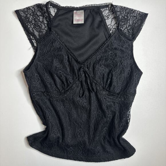 Y2K No Boundaries Black Lace Sheer Bow Tie Top S Coquette Fairycore Gothic - Picture 3 of 9